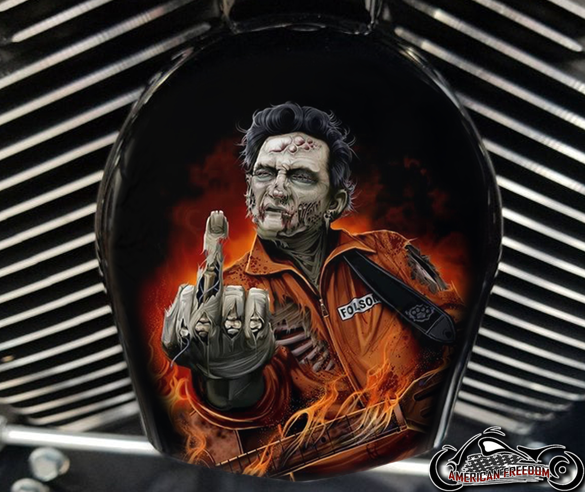 Custom Horn Cover - Johnny Cash Zombie Middle Finger